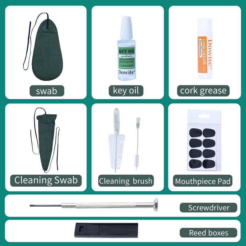 Dowite Saxophone Cleaning Care Kit: Mouthpiece&Dust Brush, Cleaning Cloth,Swabs,Necking Swab,Finger Rest,Cork Grease, Key Oil,Mouthpiece Pad – Sax Cleaning Kit for Professional players, Students - Image 2